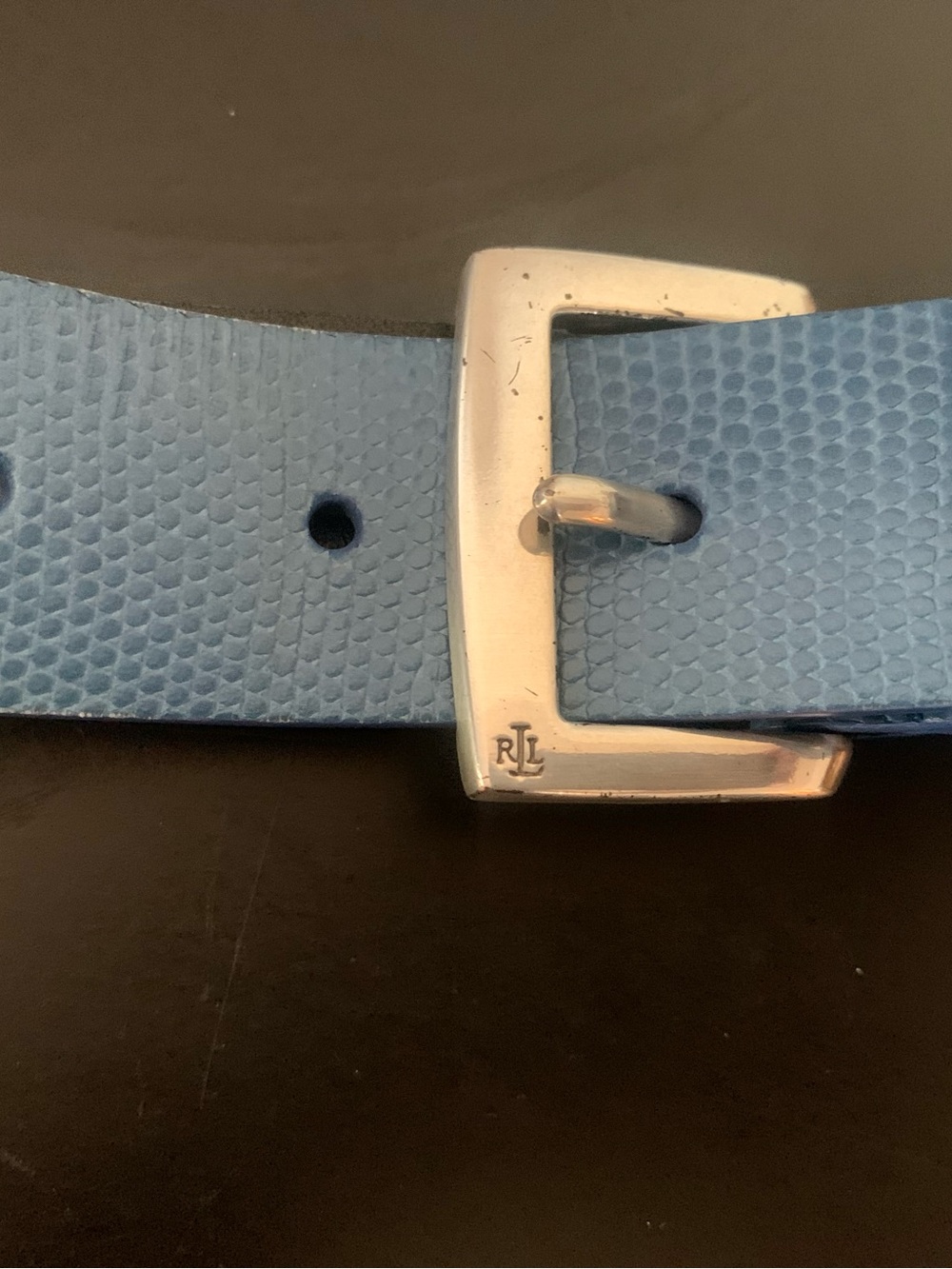 Ralph Lauren Light Blue Textured Leather Belt with Silver RL Buckle Size M 32/33
